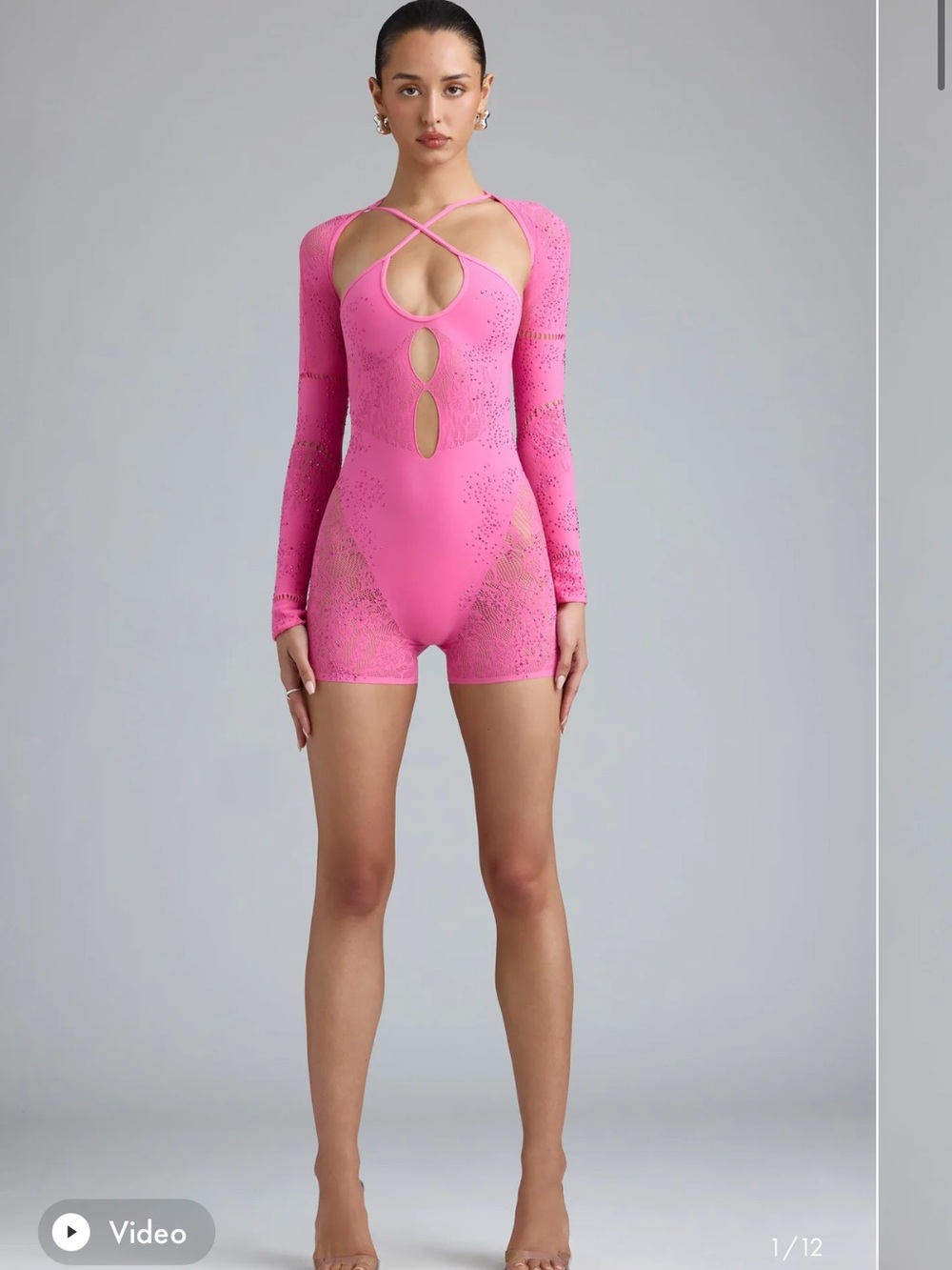 Oh Polly Hot Pink Long-Sleeve Cutout Lace Bodysuit Romper